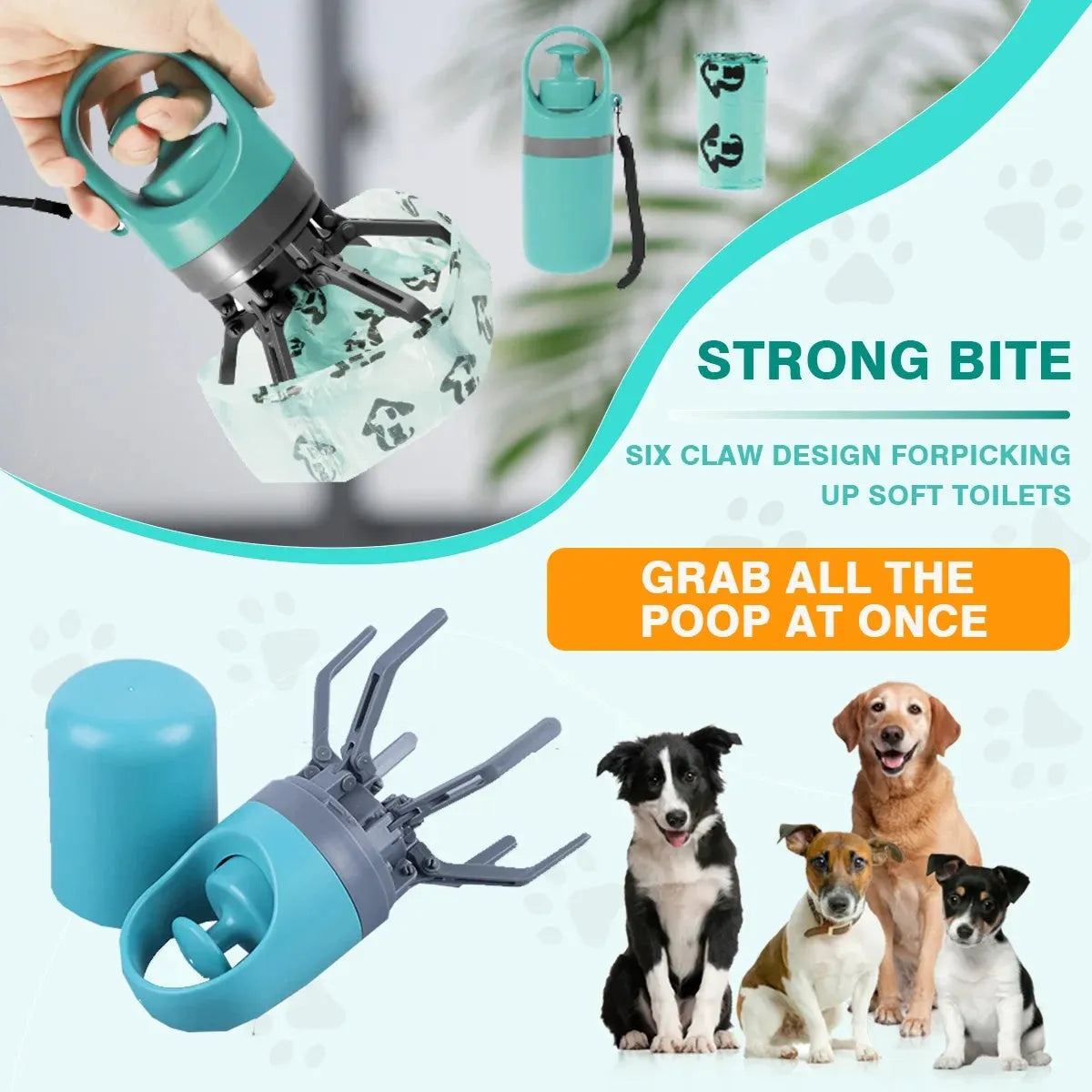 Blue and orange pet pooper scooper with claw design for outdoor waste clean-up