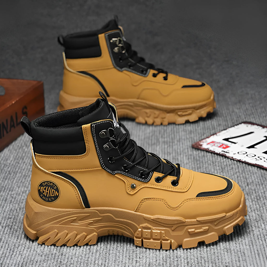 Men's black and yellow artificial PU Martin boots with a mid-calf fit and mid heel.