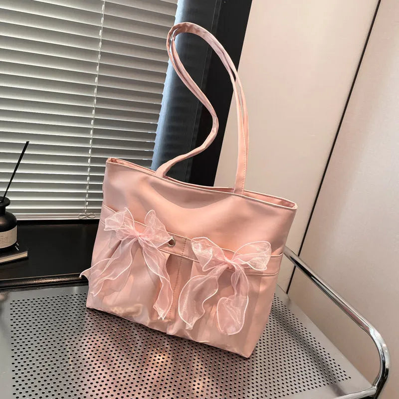 College style bow tote bag with large capacity and adjustable double shoulder straps