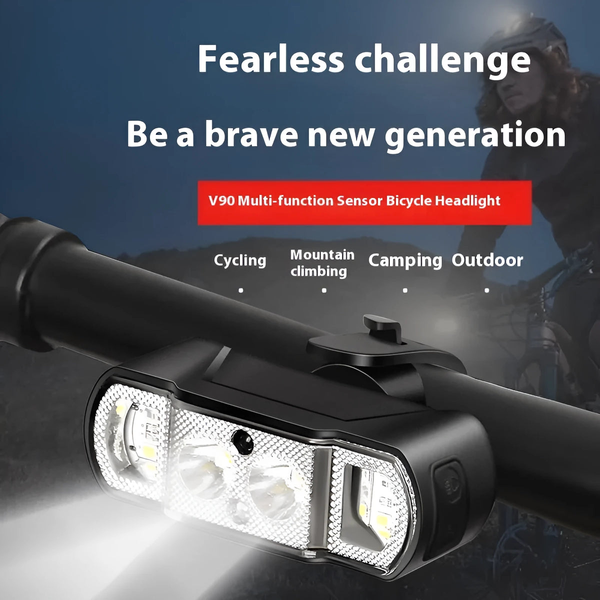 Black USB rechargeable bicycle headlight with 350 lumen output and wave induction sensor.