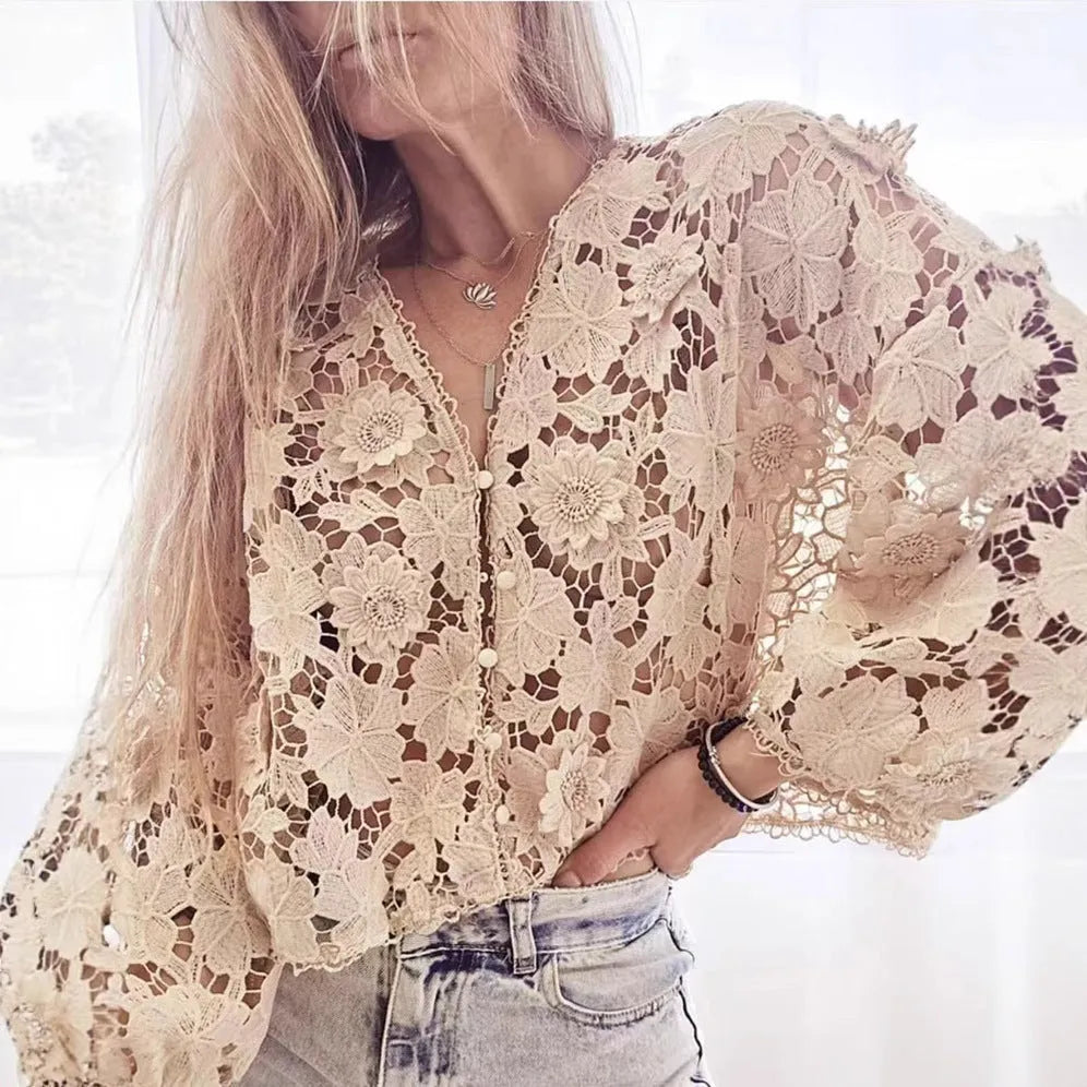 Lace V-neck cardigan shirt with three-dimensional flower decoration, long sleeves, loose fit street fashion style