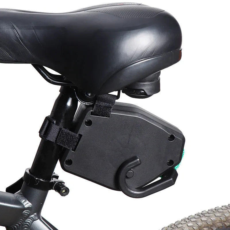 Black plastic bicycle trailer rope connecting mountain bike to child trailer