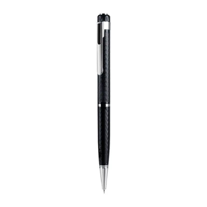 Black pen-shaped audio recorder with zinc alloy body shown next to included headset and data cable.