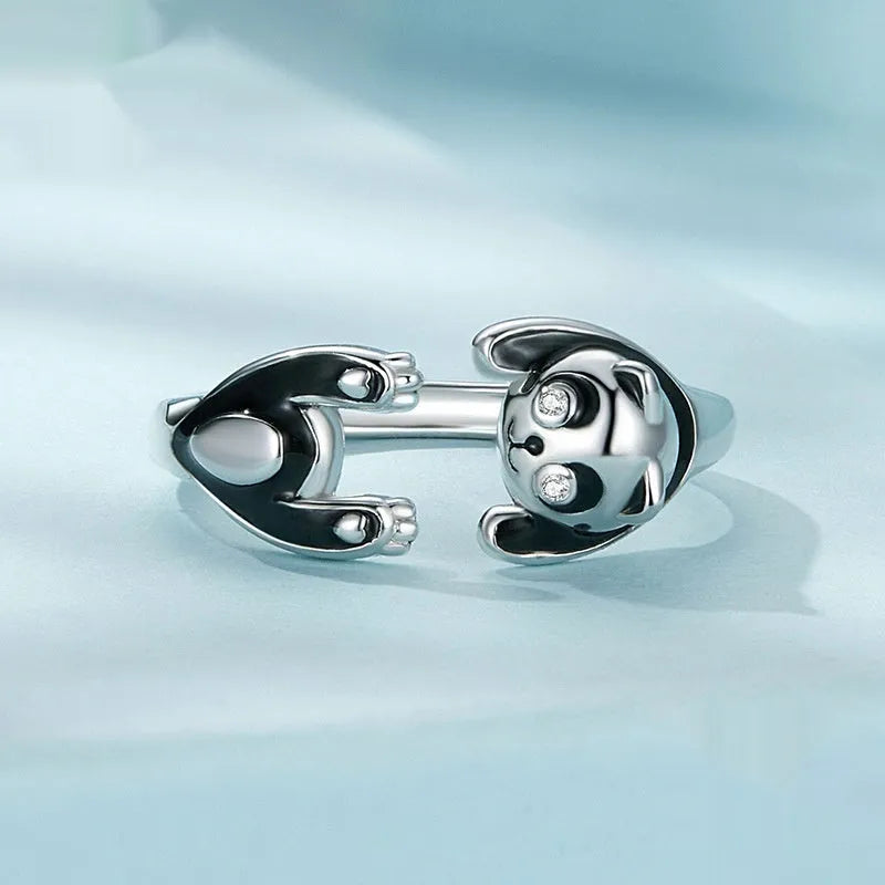 Sterling silver adjustable open ring bracelet with panda motif and white gold plating