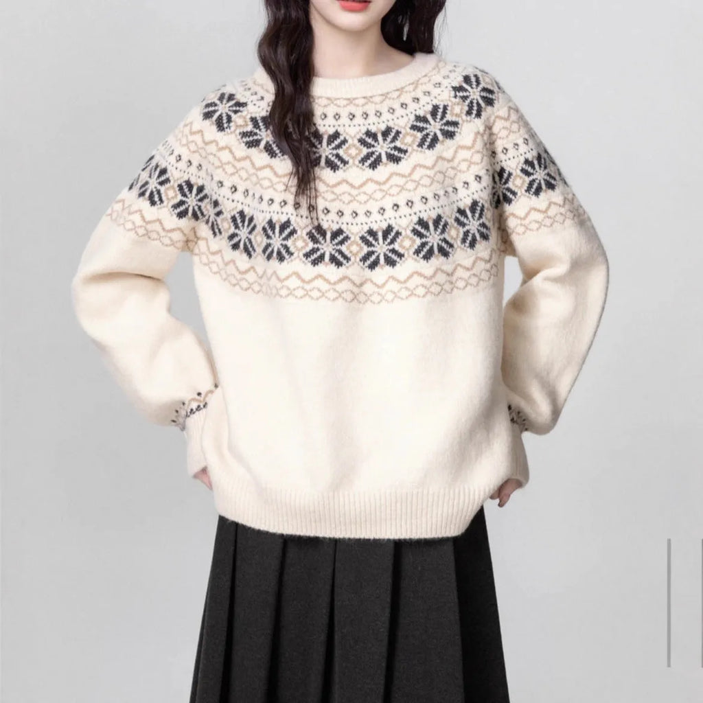 Women's milky white fair island geometric pattern pullover sweater