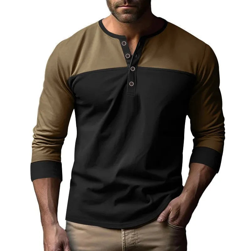 Men's long sleeve casual T-shirt with Henry collar in retro colour matching design