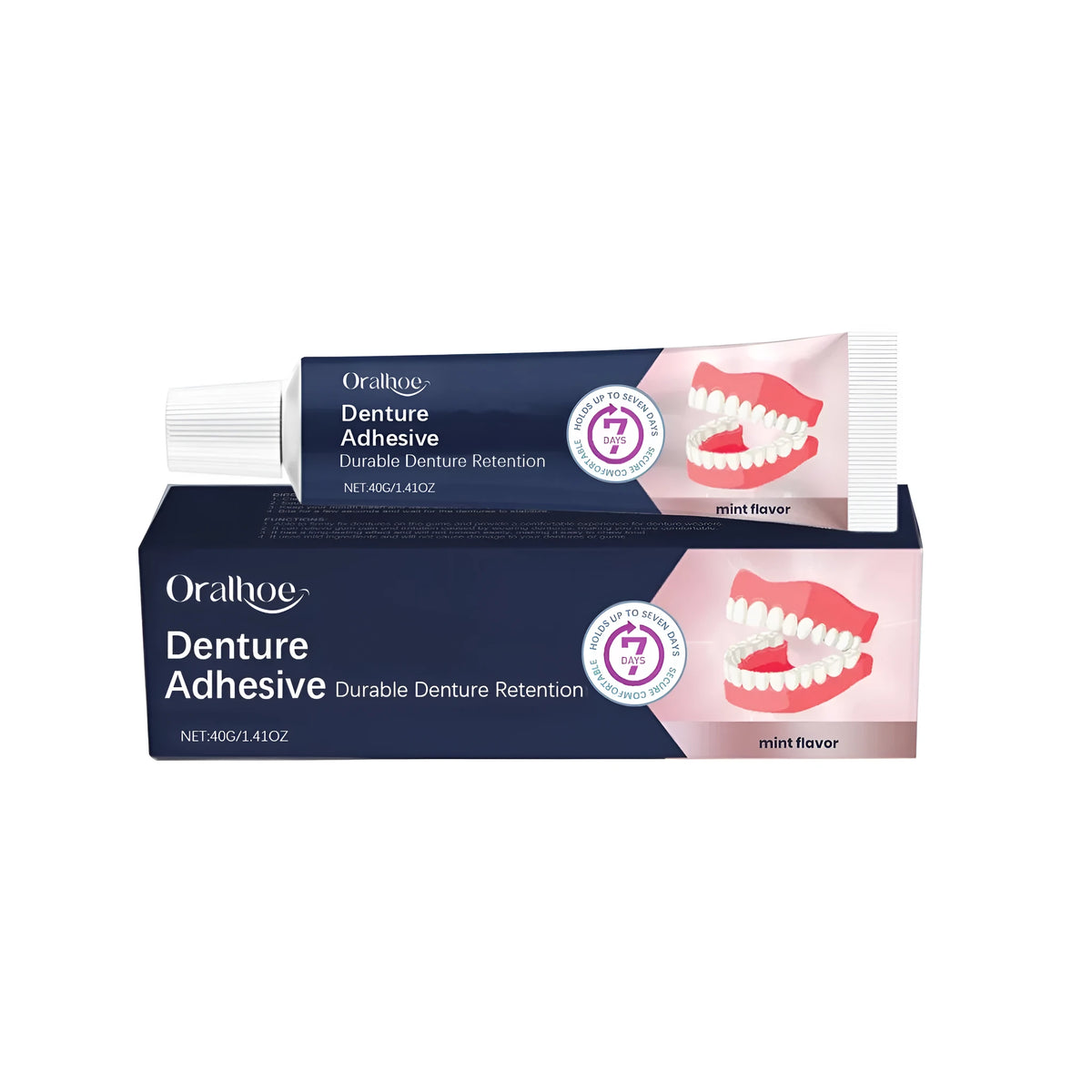 40g tube of denture fixing adhesive cream with menthol for securing partial or full dentures.