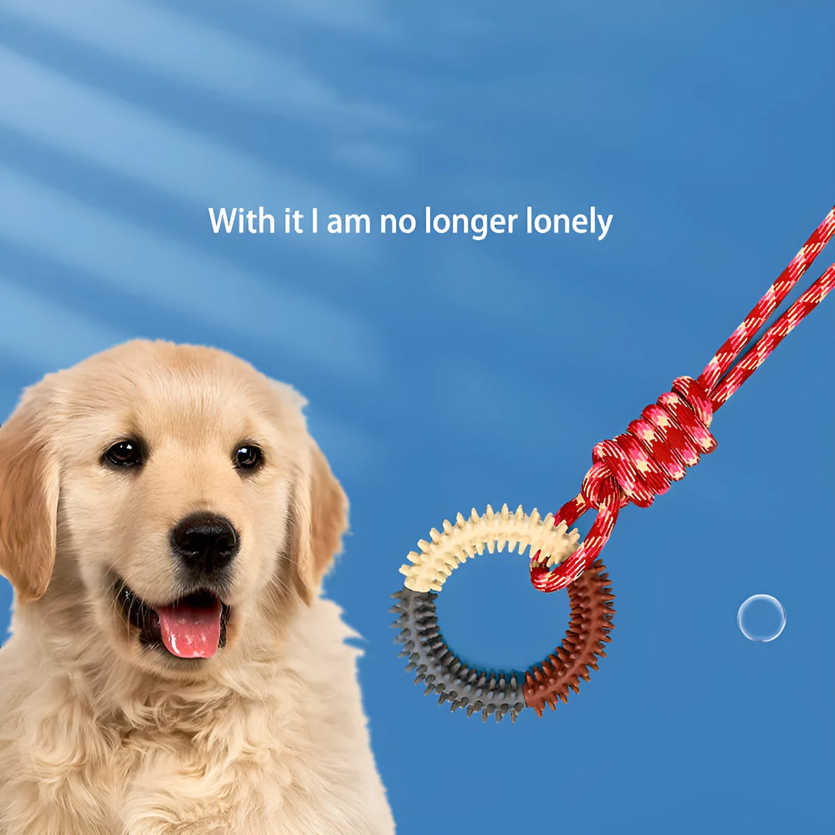 Blue braided rope dog toy with knotted design measuring 43cm long