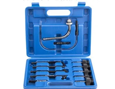 Thirteen-piece manual transmission oil refuelling kit with pump, hose and vehicle connectors