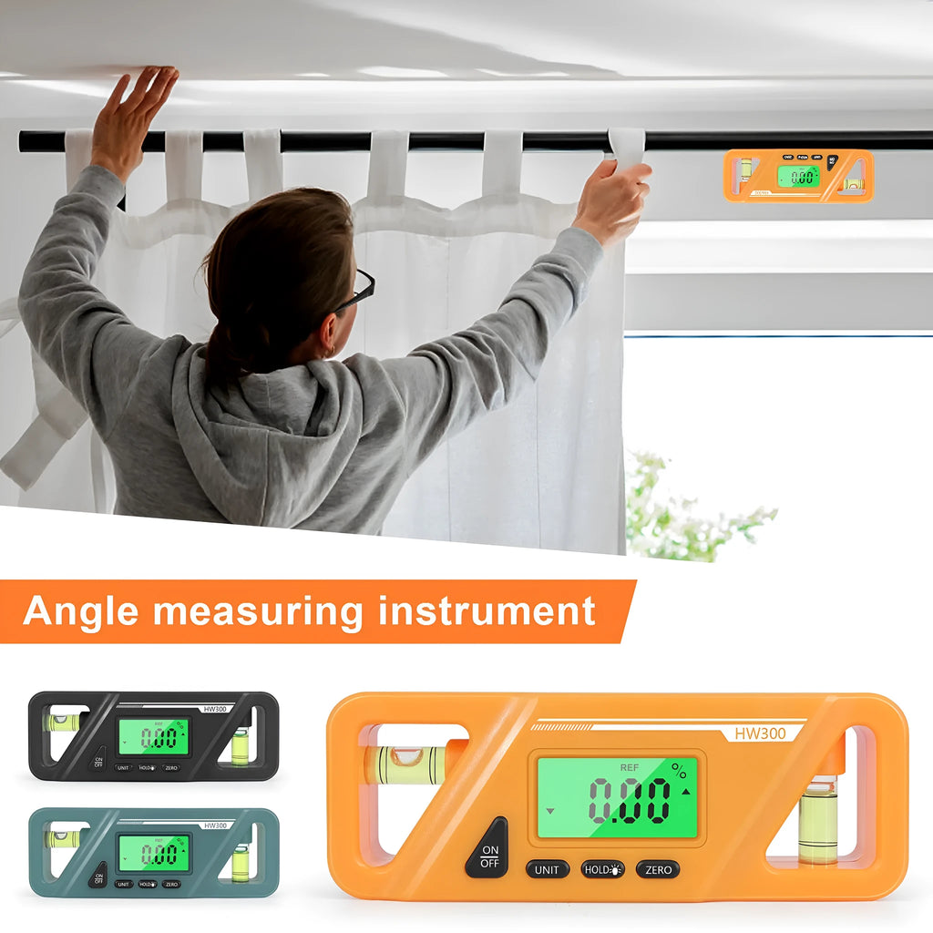 Digital magnetic inclinometer angle gauge on a metal surface, showing an angle reading on its display.