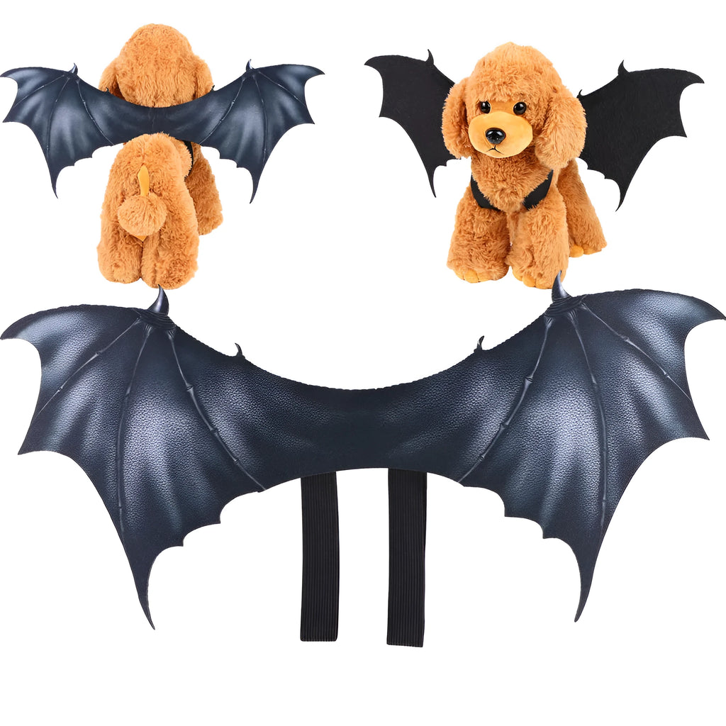 Black cloth bat wings costume for a dog or cat on a Halloween background