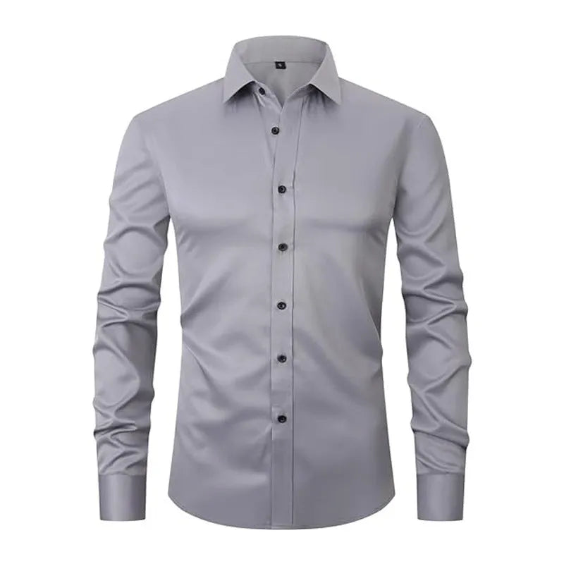 Men's stretch long sleeve work shirt in polyester fabric with white buckle detail and size guide