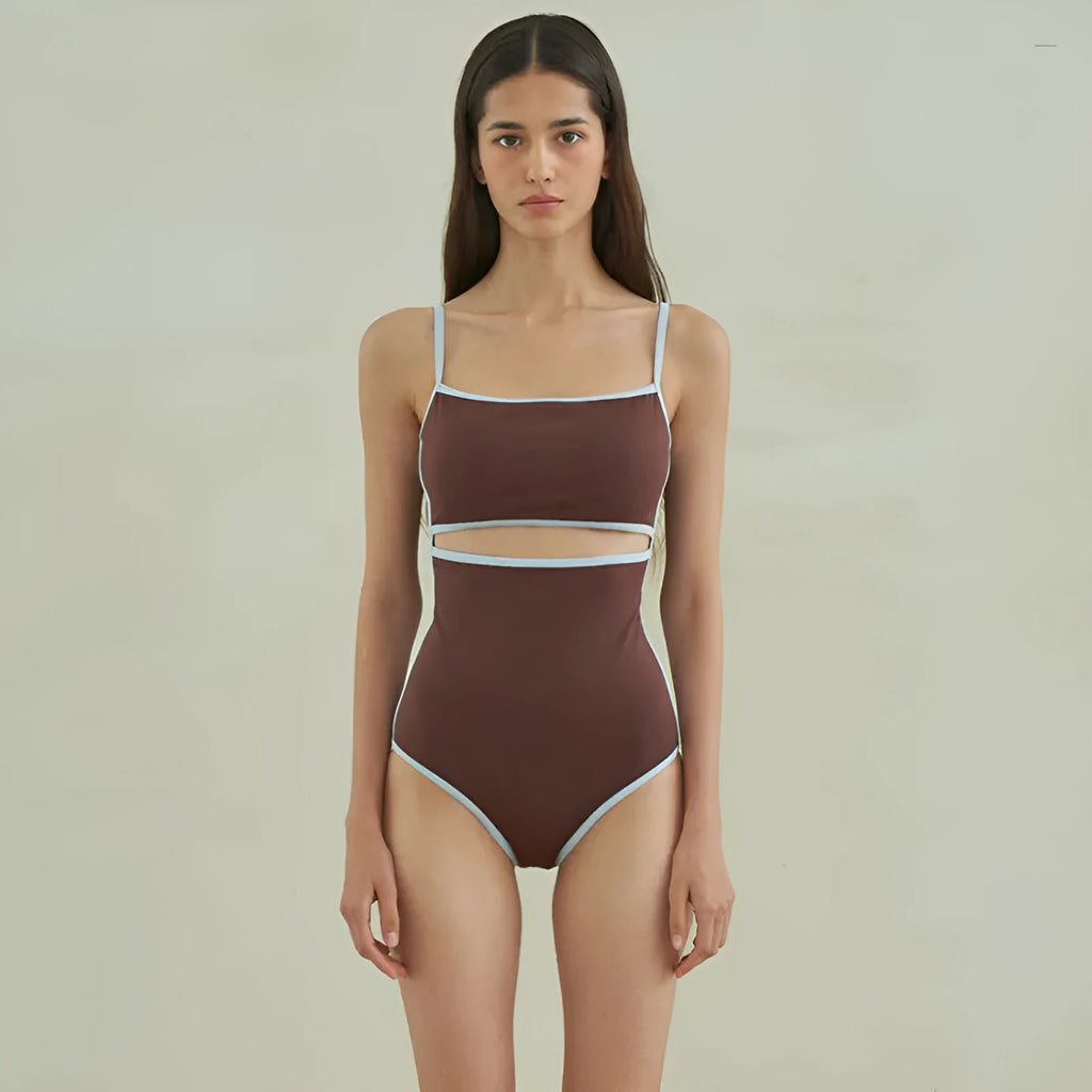 Brown women's one-piece swimsuit with triangle bikini top design and sexy pattern