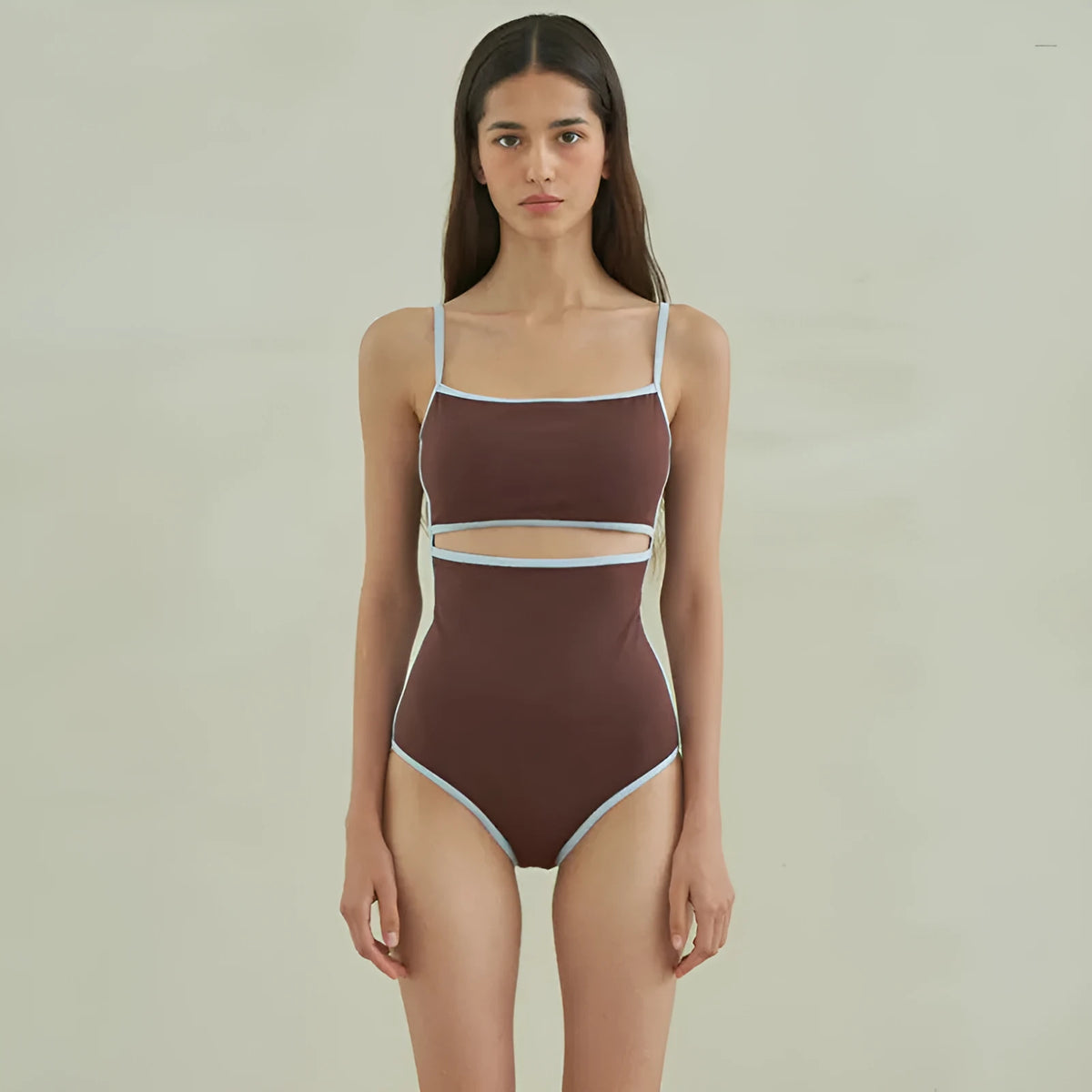 Brown women's one-piece swimsuit with triangle bikini top design and sexy pattern