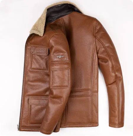 Champagne sheepskin trench coat with lapel collar, midi length, slim fit, and multiple pockets for winter.