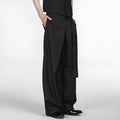 Black straight-leg trousers with an adjustable waistband and a single pleat detail.