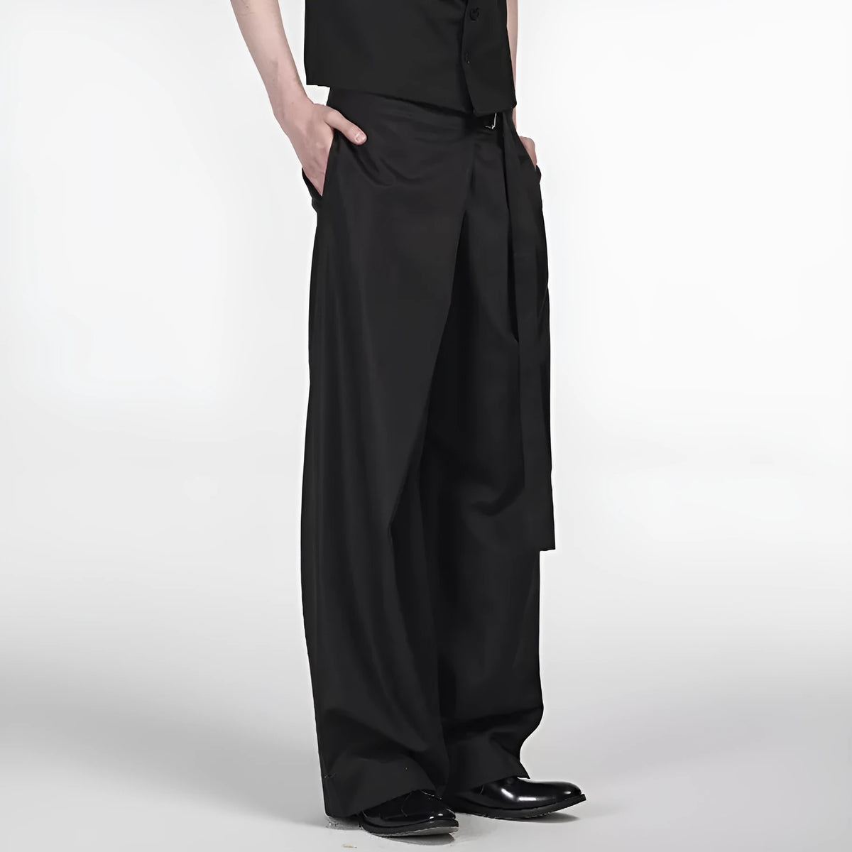 Black straight-leg trousers with an adjustable waistband and a single pleat detail.