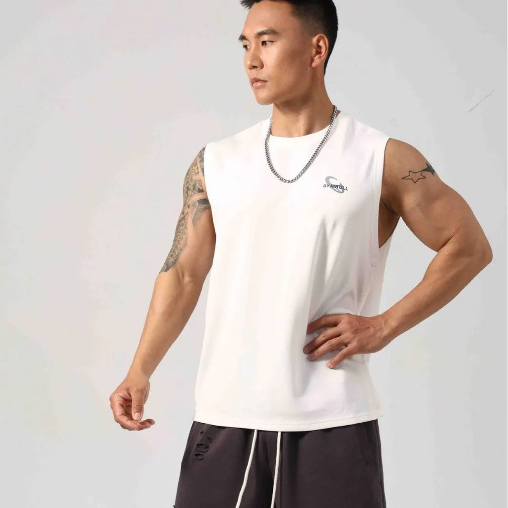 Men's grey Korean style cotton fitness vest showing hidden side hook opening detail.