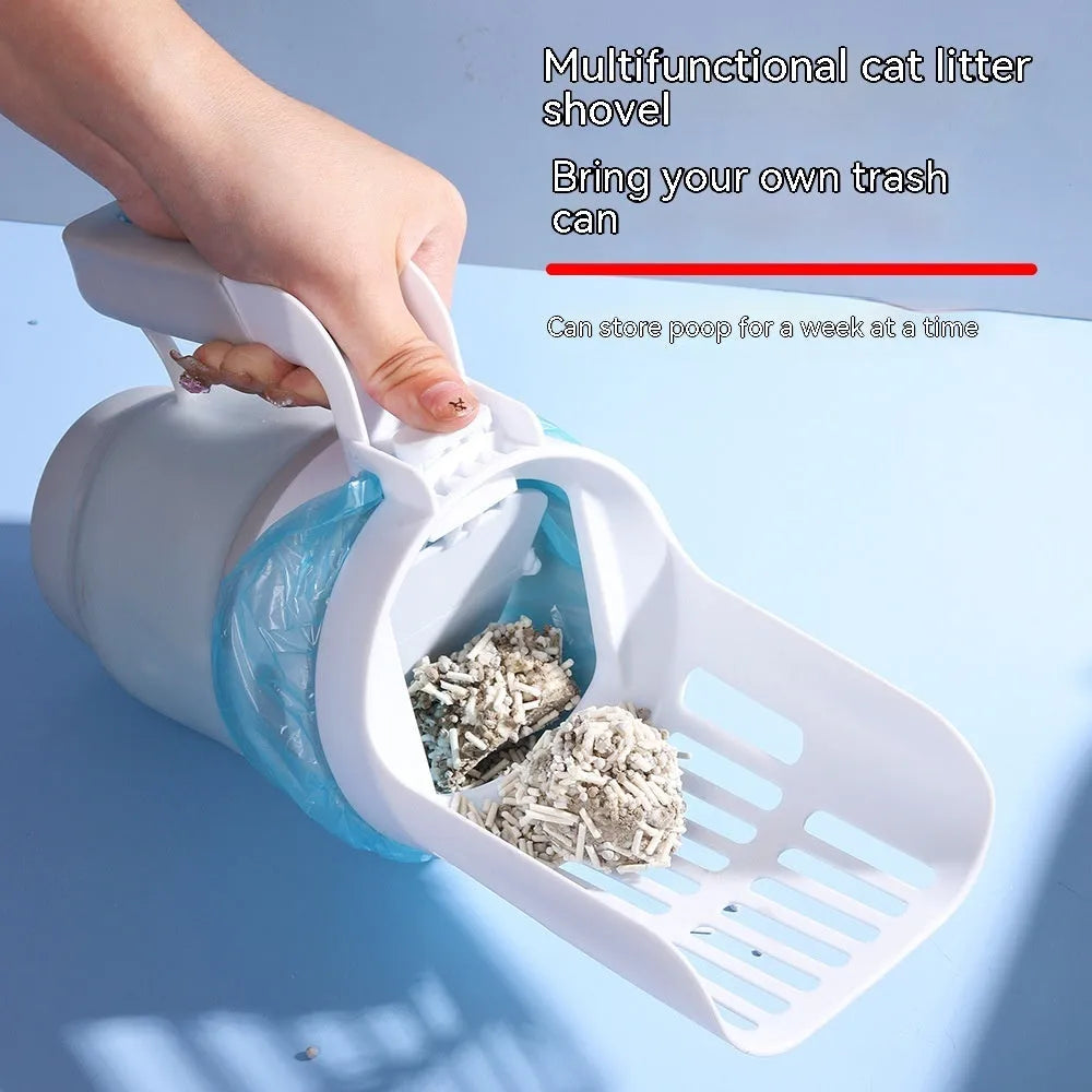 Grey, blue, and green cat litter scoop with integrated waste bin and sheltered lid.