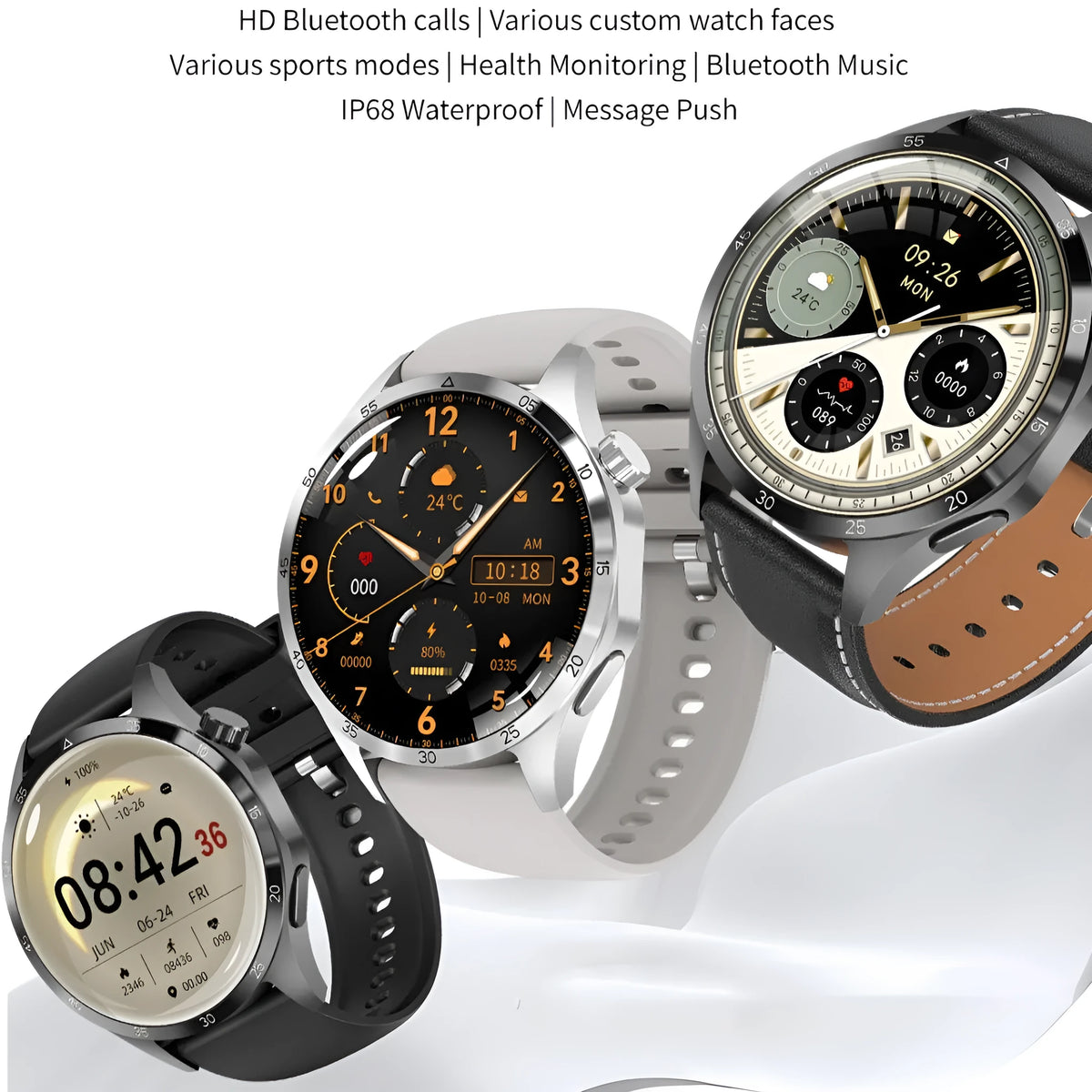 Black Bluetooth smartwatch with a TFT screen showing a heart rate graph, placed next to its charging cable.
