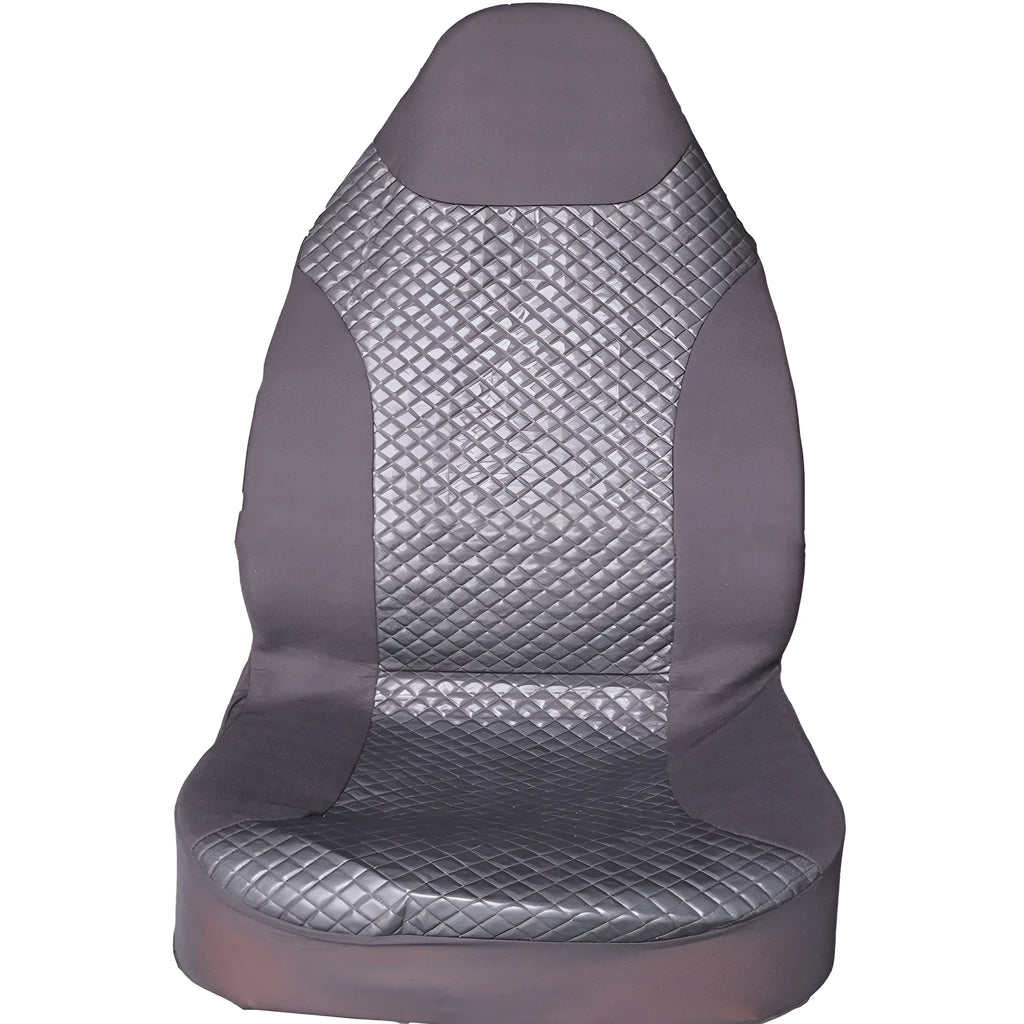 Black quilted automotive seat cover with PU polyester construction and sponge padding including plastic mounting hooks