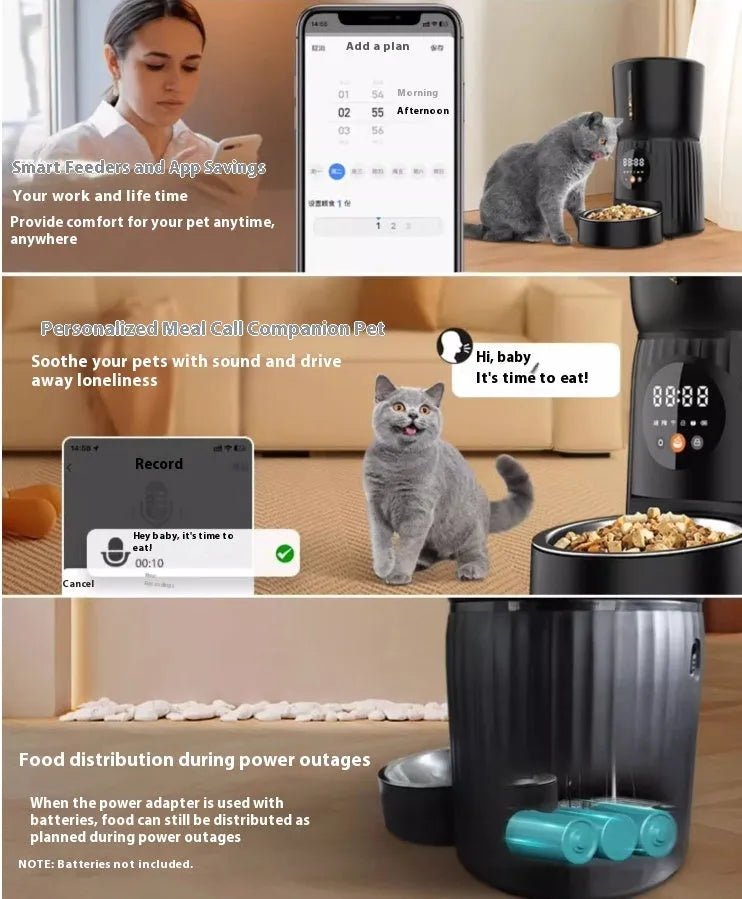 Black automatic pet feeder with digital display and food container showing portion control mechanism