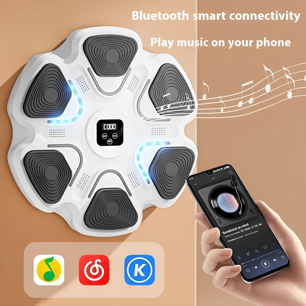 Smart music boxing machine wall target with electronic display and focus gloves on white wall.