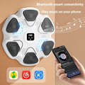 Smart music boxing machine wall target with electronic display and focus gloves on white wall.