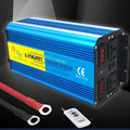 Blue 3000W 6000W dual display car power inverter with remote control and UK plug socket.