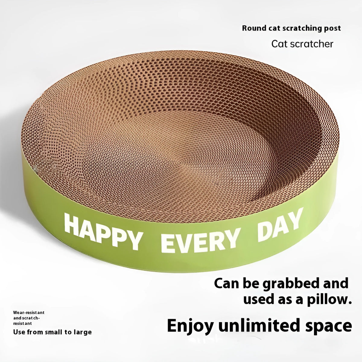 Green round cat scratching board nest with corrugated surface measuring 50cm diameter