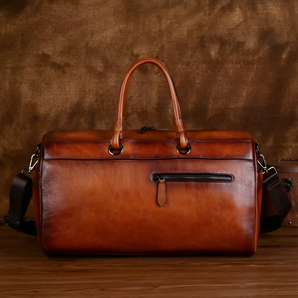 First layer cowhide leather retro handbag with below 20L capacity in brown colour