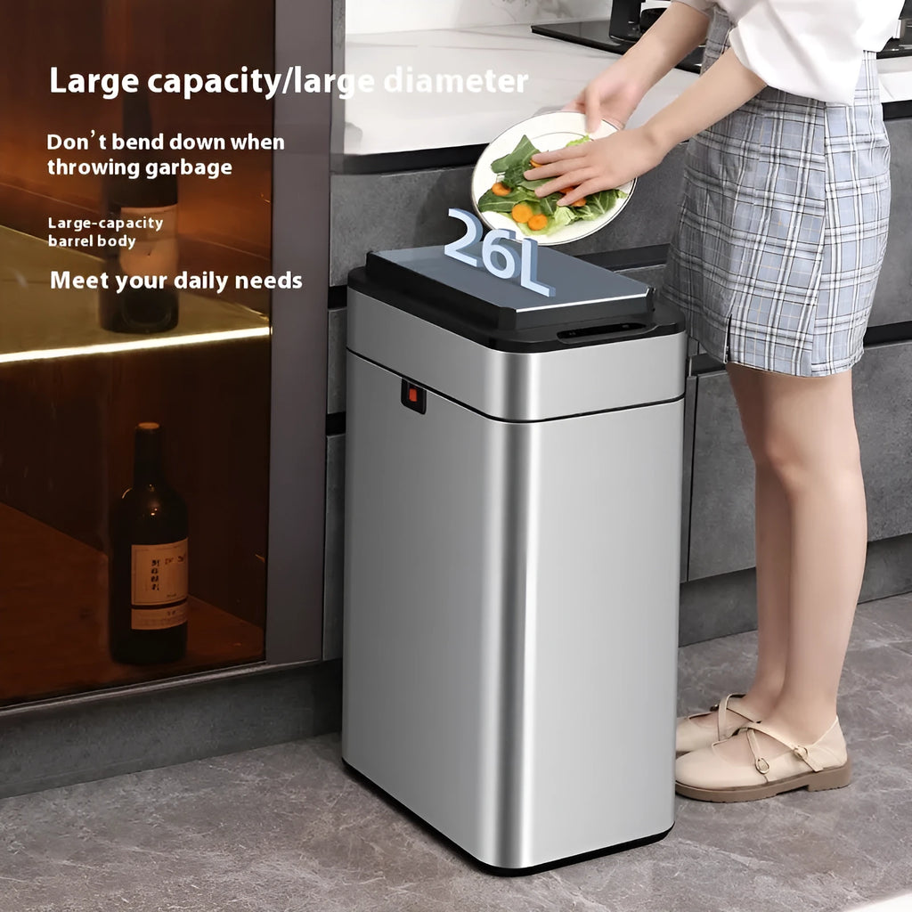 Square stainless steel smart trash can with inductive sensor lid.