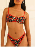 Women's cherry print floral pattern tube top bikini swimsuit in polyester fabric