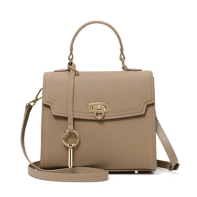 Elephant grey vintage lock handbag with litchi pattern cowhide leather and double shoulder straps