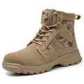 Khaki suede high-top safety combat boots with a steel toe cap and front lace-up closure on a rubber sole.