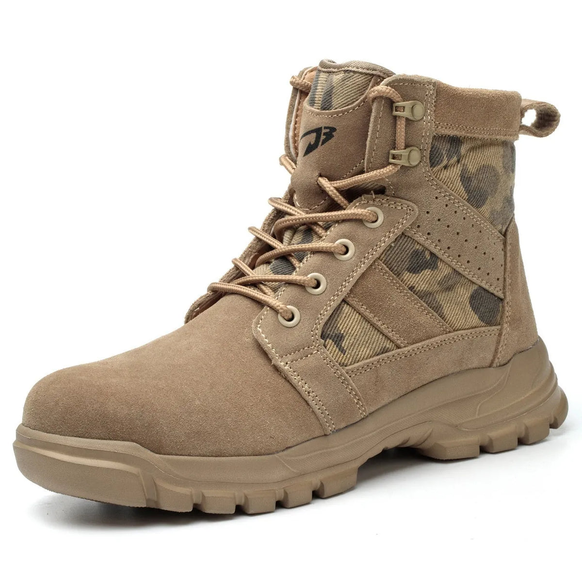 Khaki suede high-top safety combat boots with a steel toe cap and front lace-up closure on a rubber sole.
