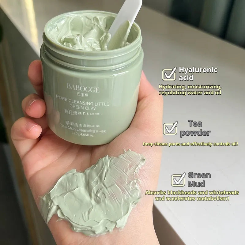 Tea mud cleansing clay facial mask in a 120ml container for deep cleansing.