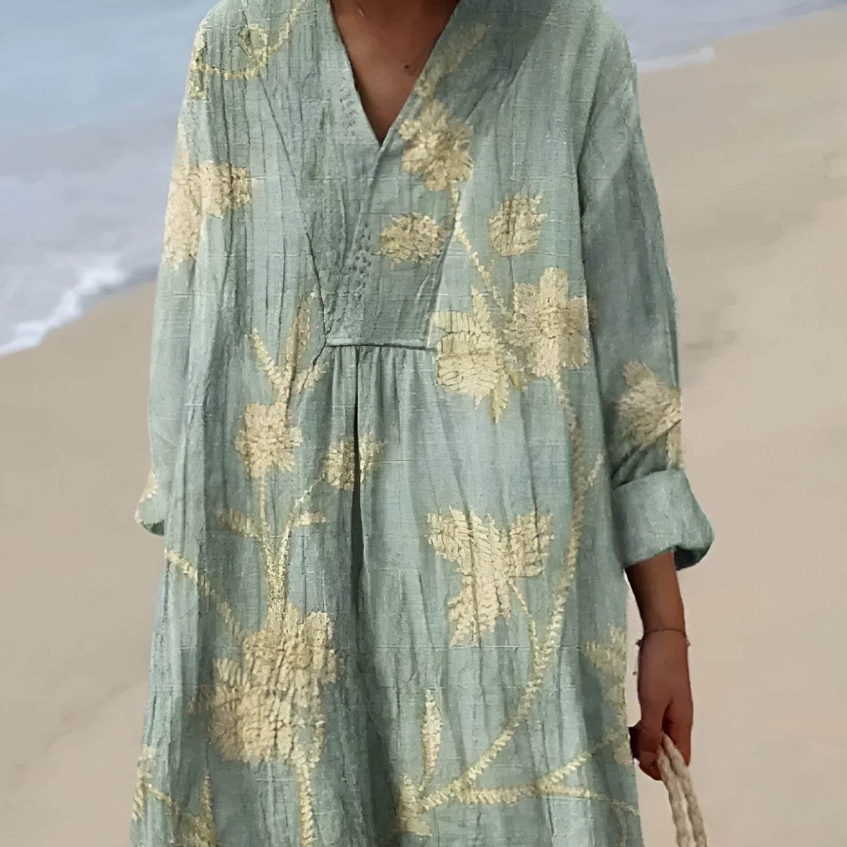 Casual long sleeve shirt dress with 3D floral print and wide waist