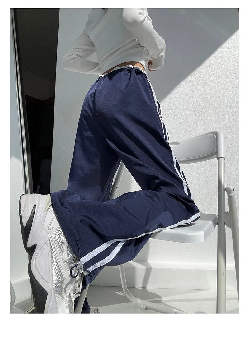 Ribbon parallel bars contrast colour slimming draping pants in thin fabric with low waist