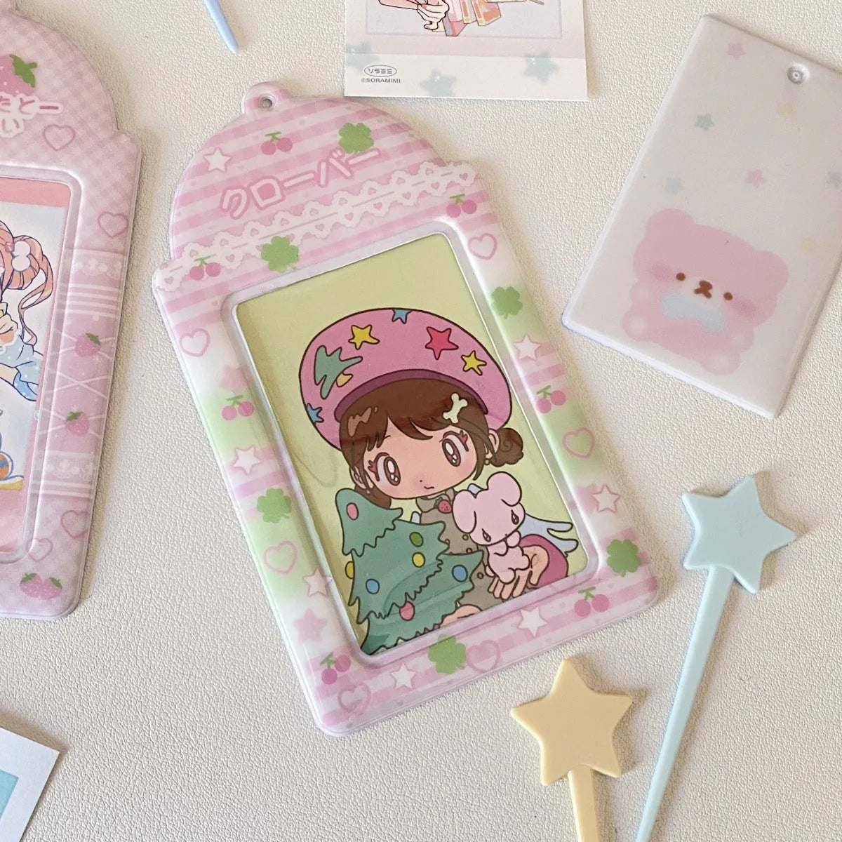 PVC meal card holder display pendant with strawberry or four-leaf clover cartoon design
