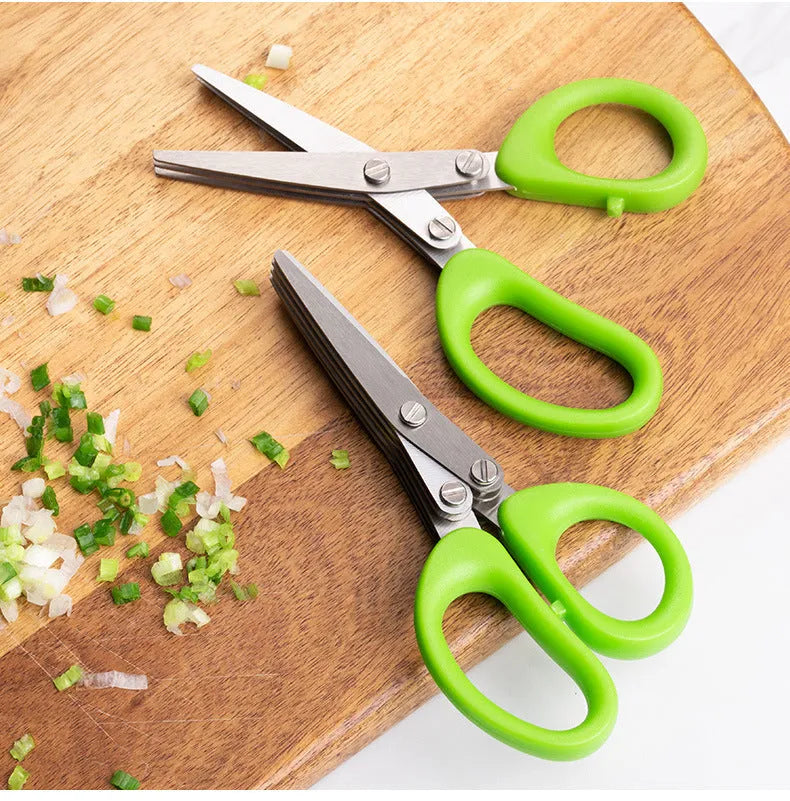 Multi-layer green onion scissors in stainless steel, 13.5 cm long, V-shaped blades in green, 3 or 5 layers