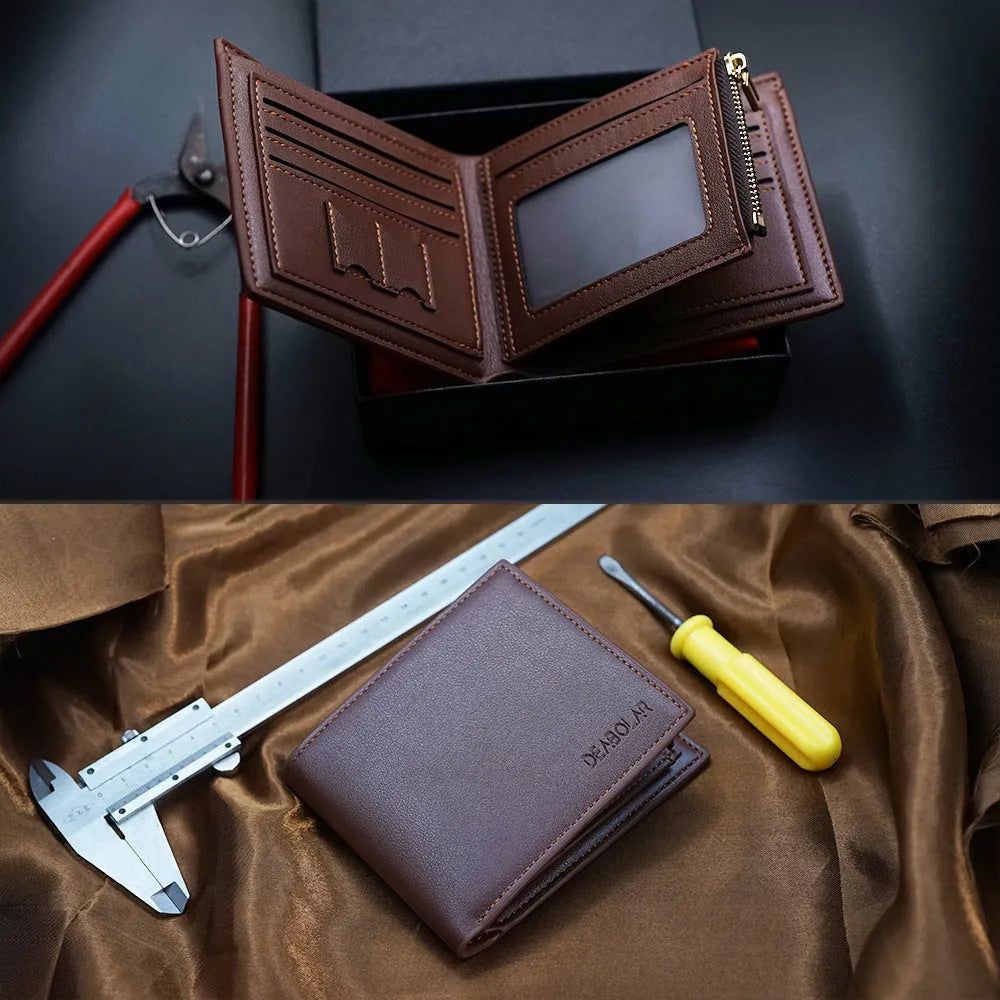 Brown leather men's wallet with a silver zipper closure laid flat.
