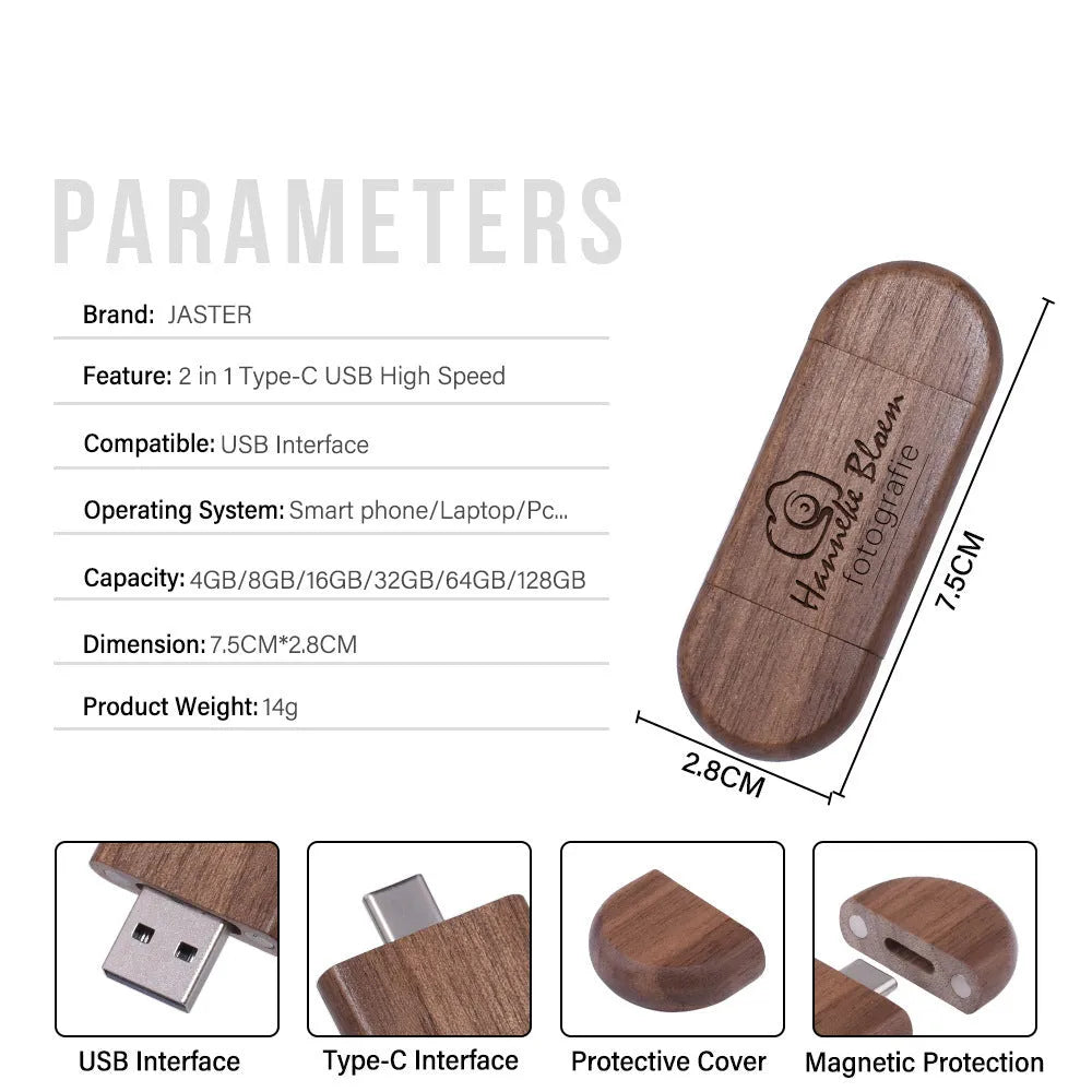 Maple wood USB flash drive with Type-C adapter for mobile phones on wooden surface.