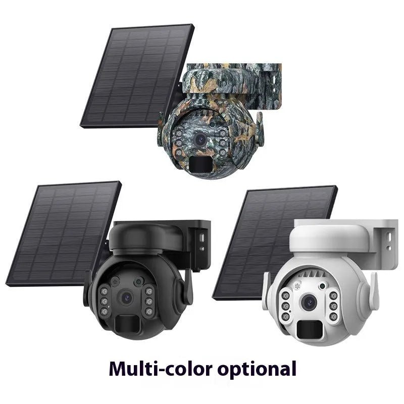 Solar-powered outdoor security camera with 3MP HD and full-colour night vision, shown in camouflage finish.