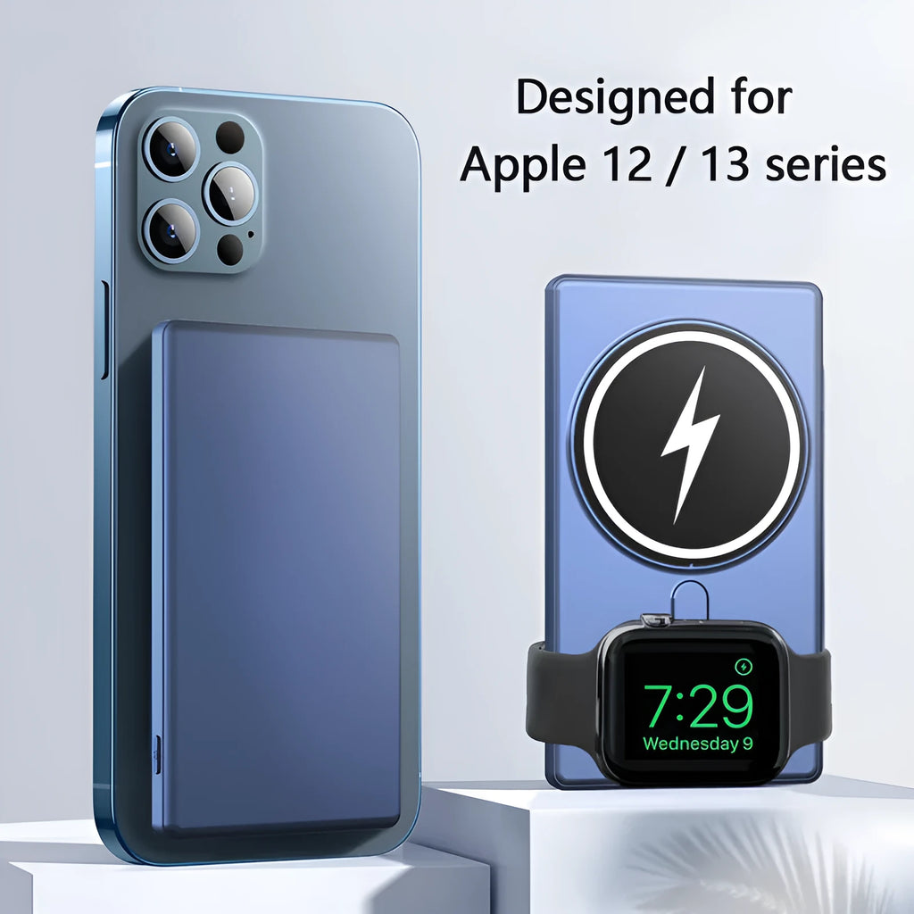 Three-in-one magnetic wireless charging power bank 5000mAh ultra-thin 116x65x13mm black or blue