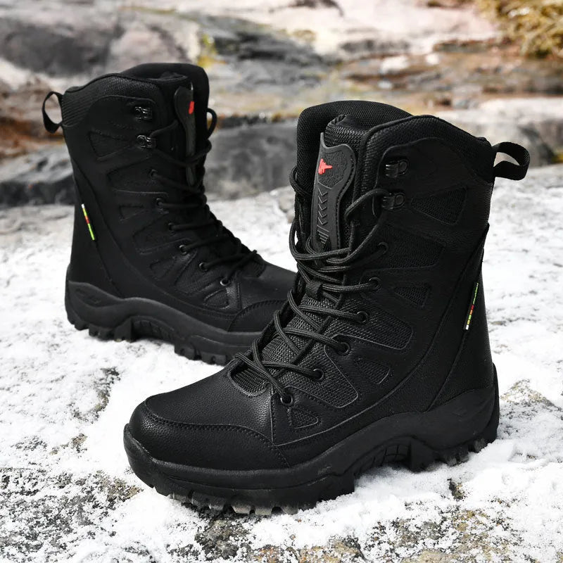 Cowhide leather hi-top hiking shoes in beige, black, and brown colour options with platform sole design