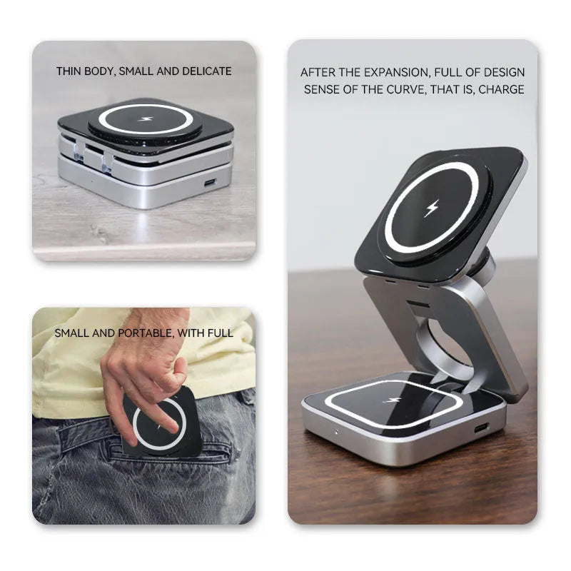 Foldable three-in-one desktop wireless charging bracket shown open and closed