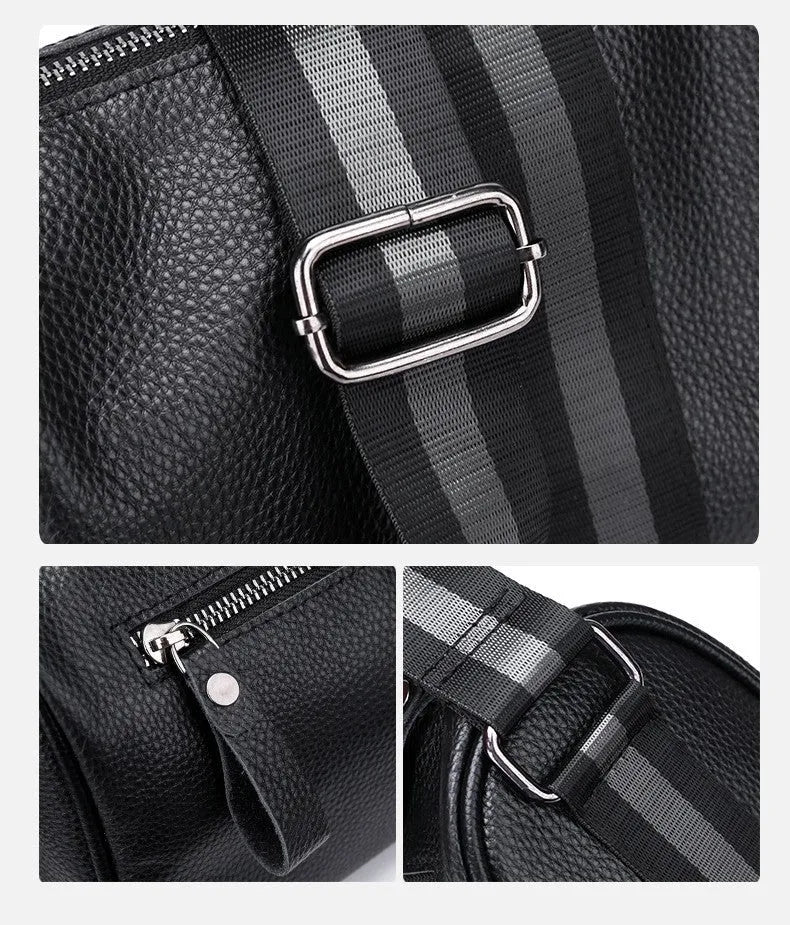 Black genuine leather crossbody bag with one-shoulder design showing 24x16x13cm dimensions