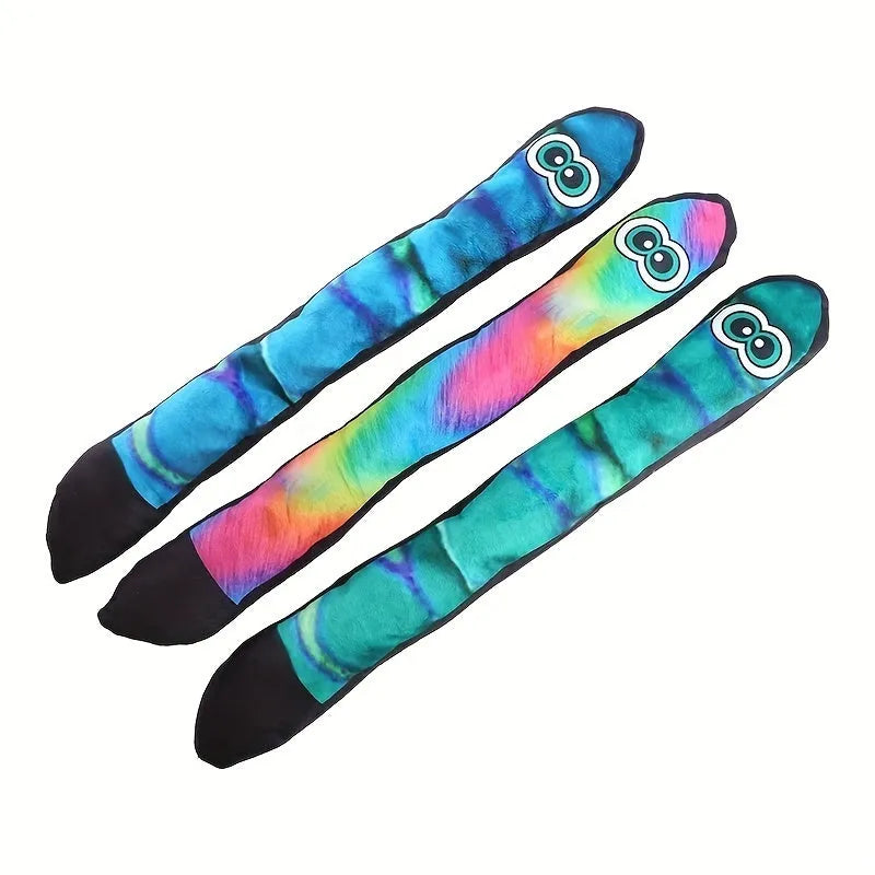 Snake shape plush dog squeaky toy with multicolour stripe print in blue, green and rainbow options