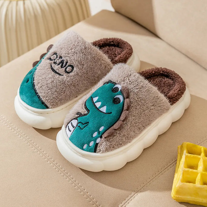 Cotton plush dinosaur pattern couple slippers in grey, coffee and orange colours